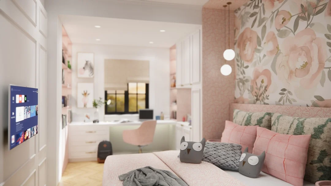a bed room with a neatly made bed and a desk