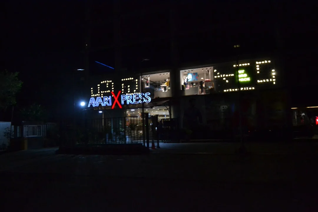 A building lit up at night with a red light