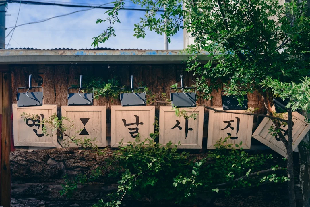 Korean signage hangs above a wooden wall.