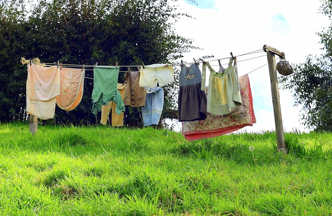 Laundry drying on a clothesline in a sunny green field.