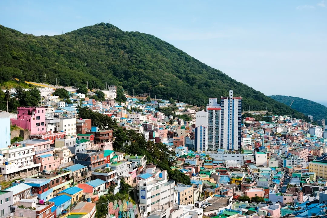 A view of a city with mountains in the background