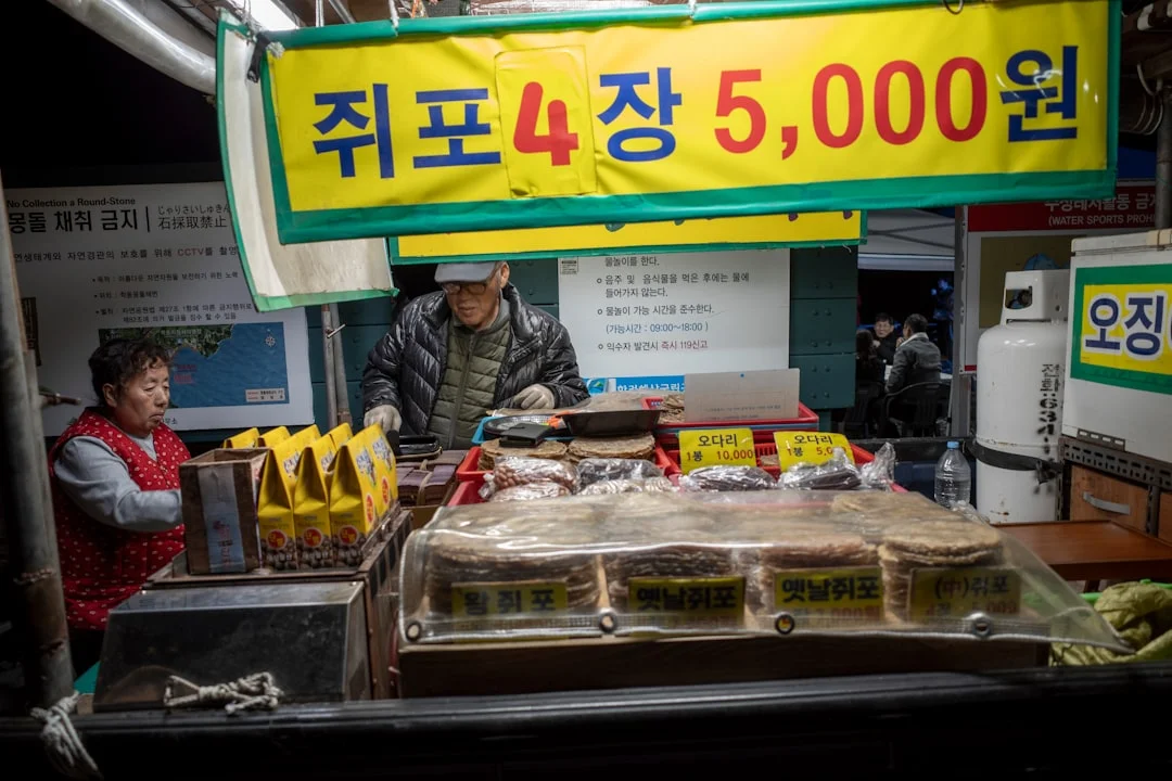 Street food stall with korean text and food