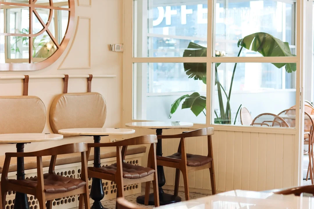 a row of chairs sitting in front of a window