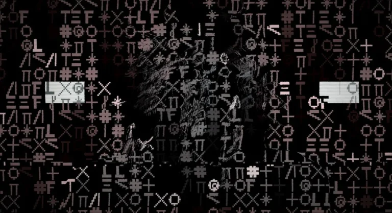 Abstract pattern of dark symbols and letters.
