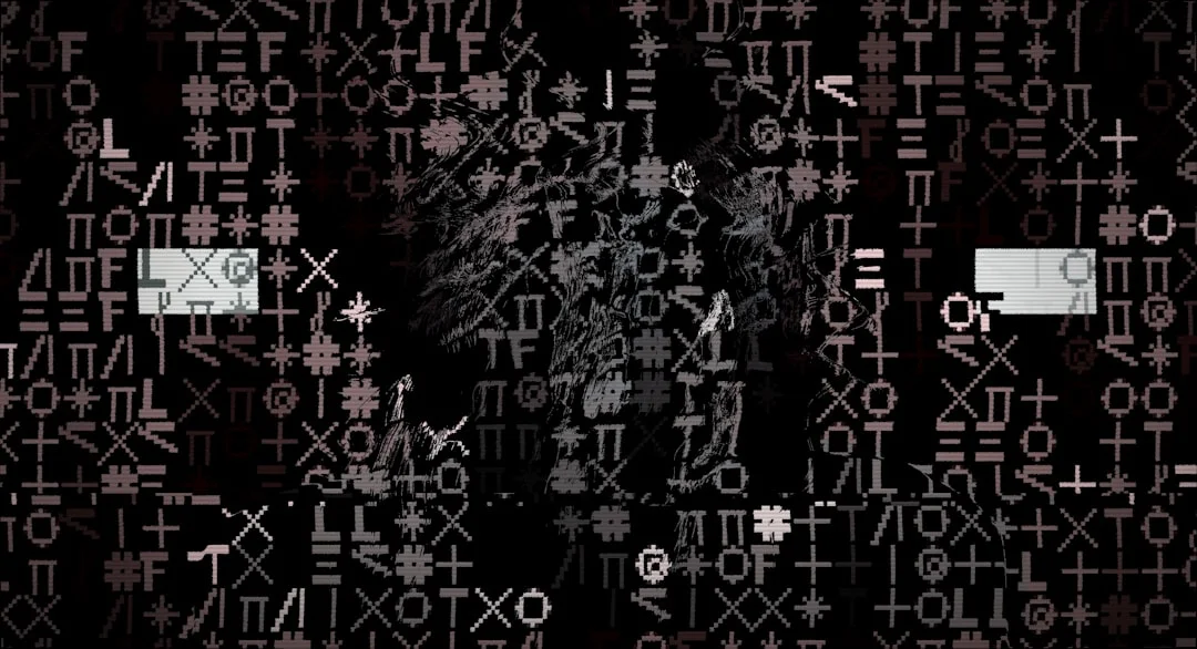 Abstract pattern of dark symbols and letters.