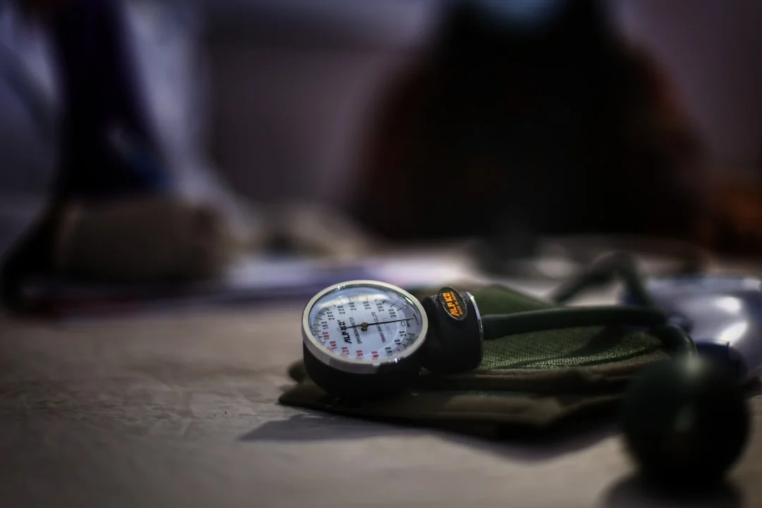 Blood pressure monitor resting on a table.